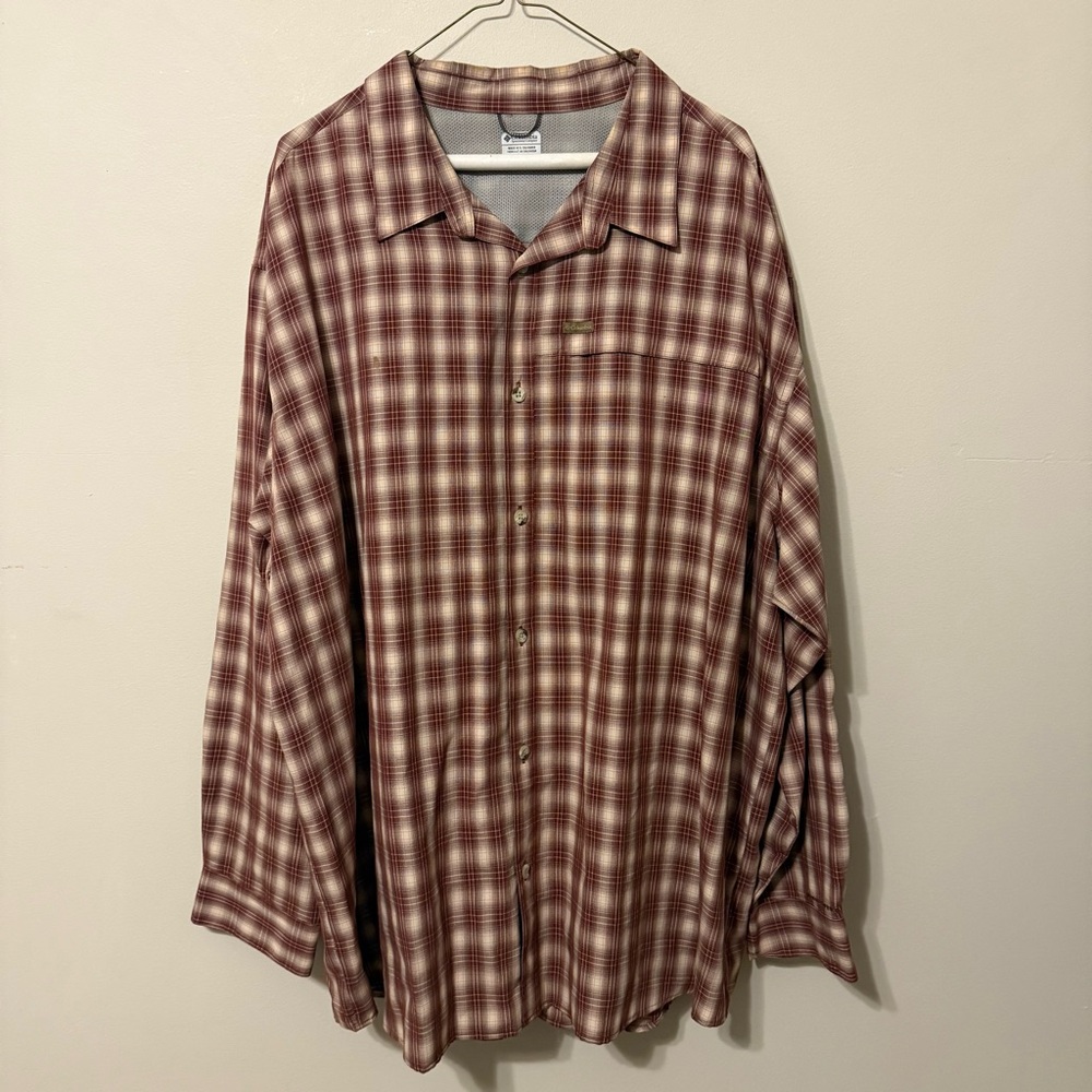 Columbia Omni Shield Men's Burgundy and Cream Plaid Button-Down Shirt
